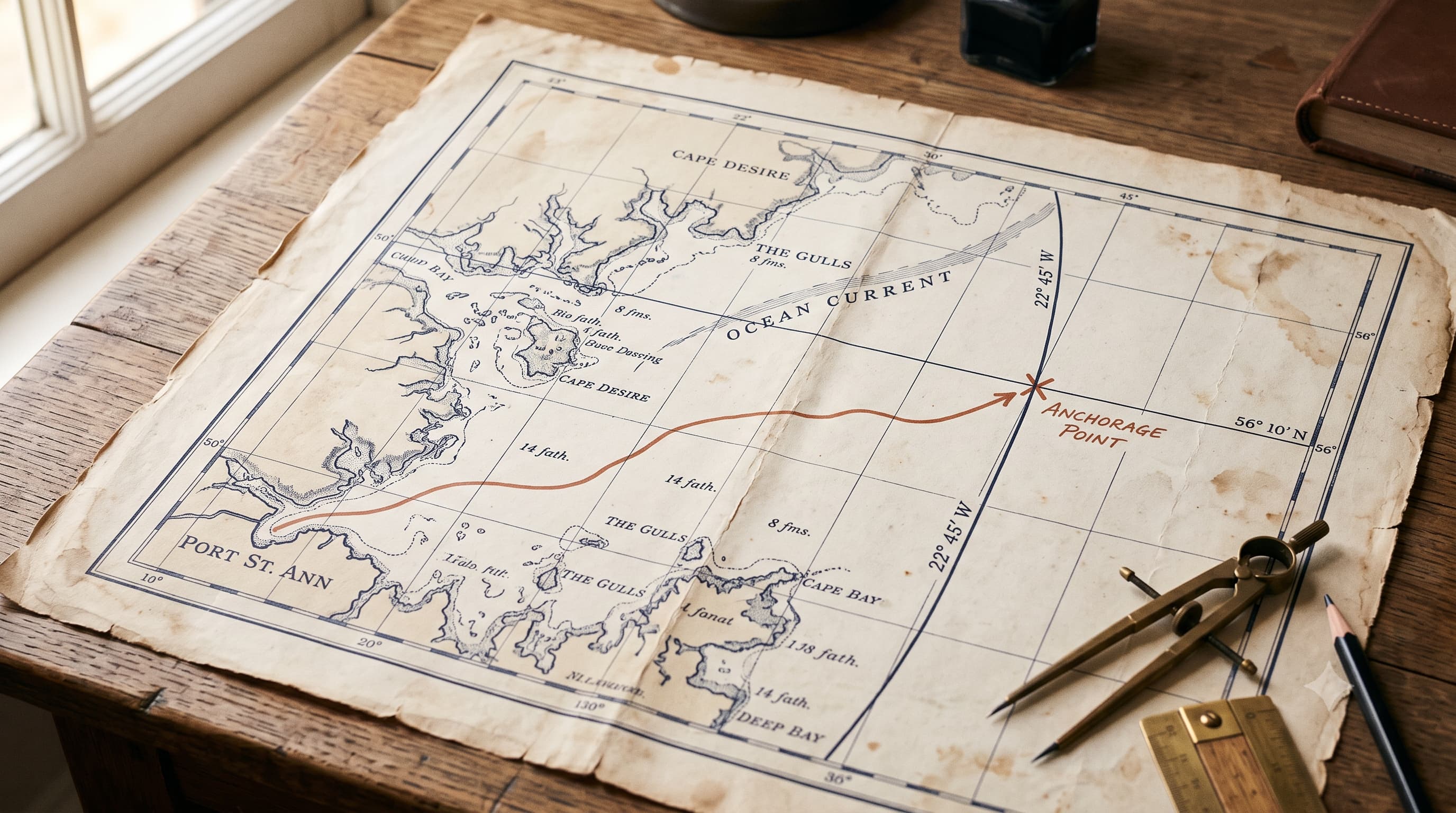 A weathered nautical chart on a wooden desk, with a hand-drawn terracotta route line leading to a marked 'Anchorage Point,' brass dividers and a ruler resting at the edge